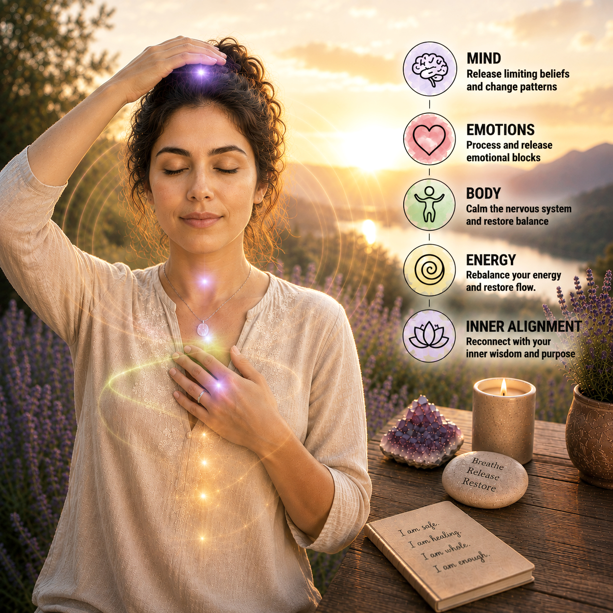 A room with chakras, sound bowl, candles, crystals, prayer beads, yoga matt, and candles