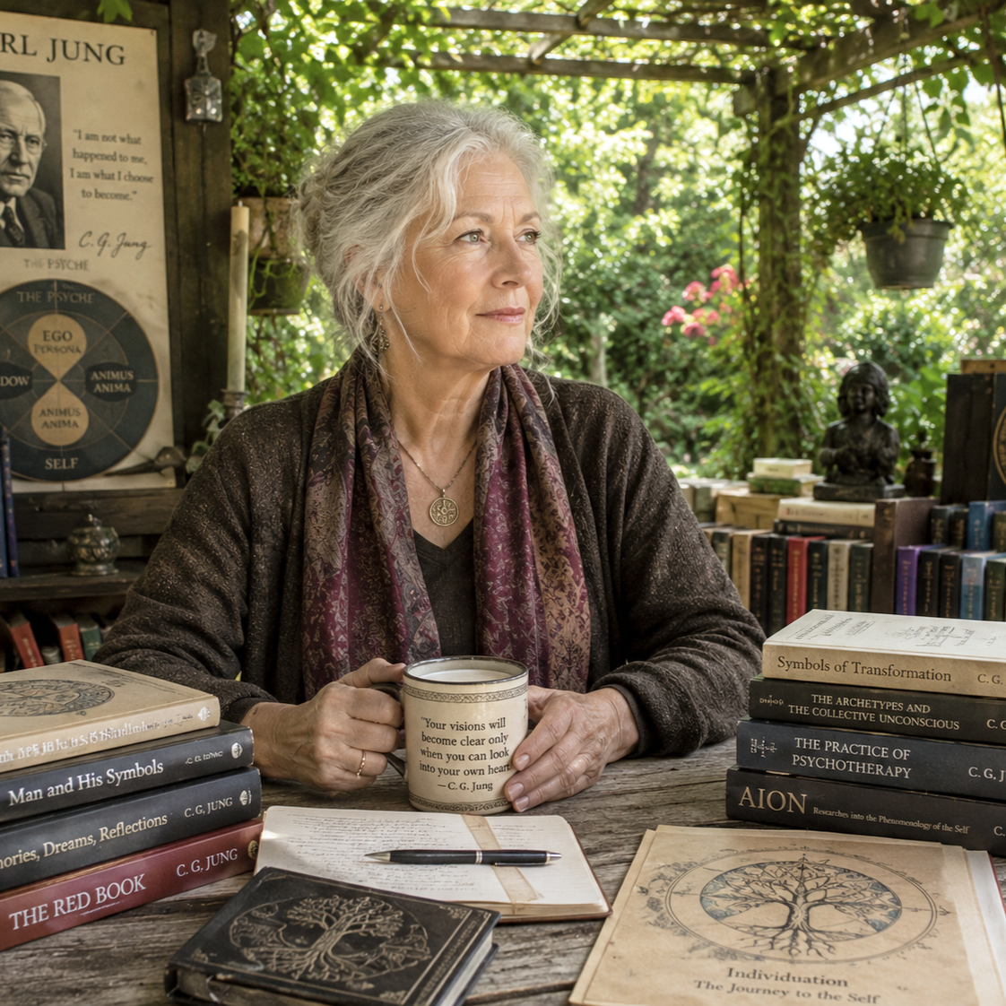 An elderly woman with gray hair sits at a wooden table outdoors surrounded by books and greenery, holding a mug with a quote by C.G. Jung. The scene suggests a contemplative and scholarly atmosphere.