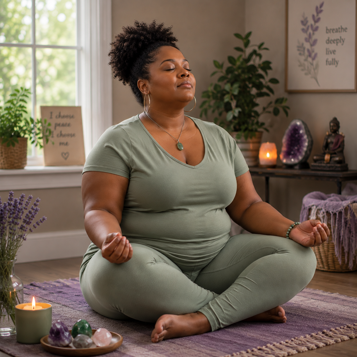 A woman practicing meditation in a cozy room, sitting cross-legged on a purple rug with her eyes closed, surrounded by candles, crystals, and plants.