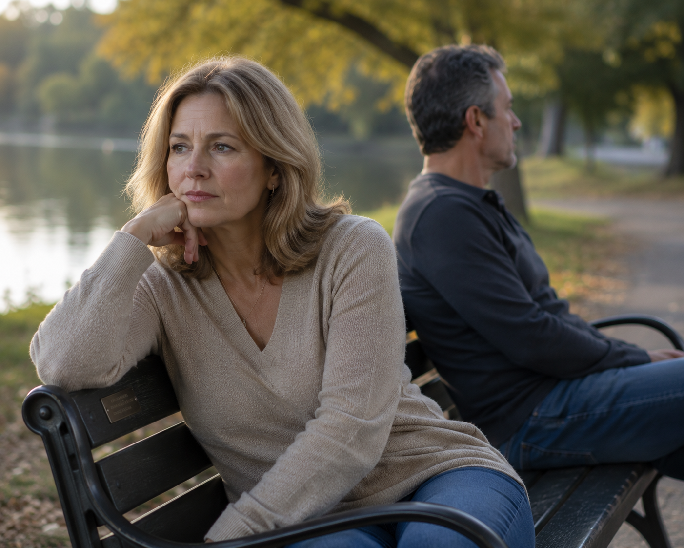 A contemplative woman sitting on a bench with her husband in the background looking away