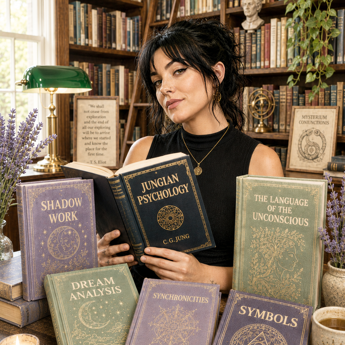 A room with Jungian books that read "Depth Psychology", a picture of Carl Jung, and books about dream analysis, synchronicities, symbols, and shadow work