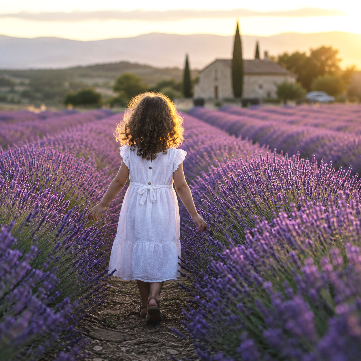 a child walking through a lavender field