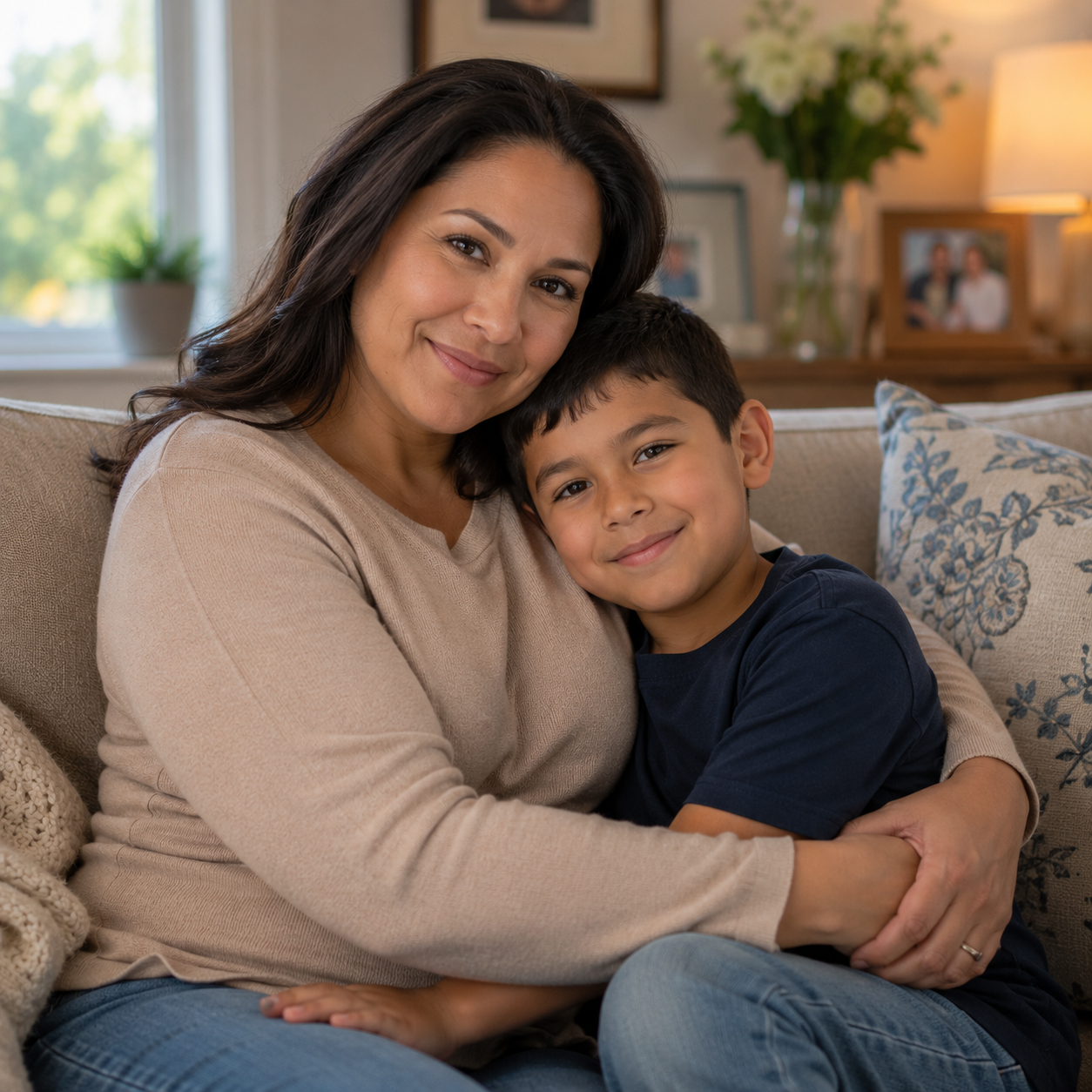 A woman and a young boy sitting on a beige sofa, smiling and hugging each other inside a cozy living room with a window, plants, and family photos in the background.