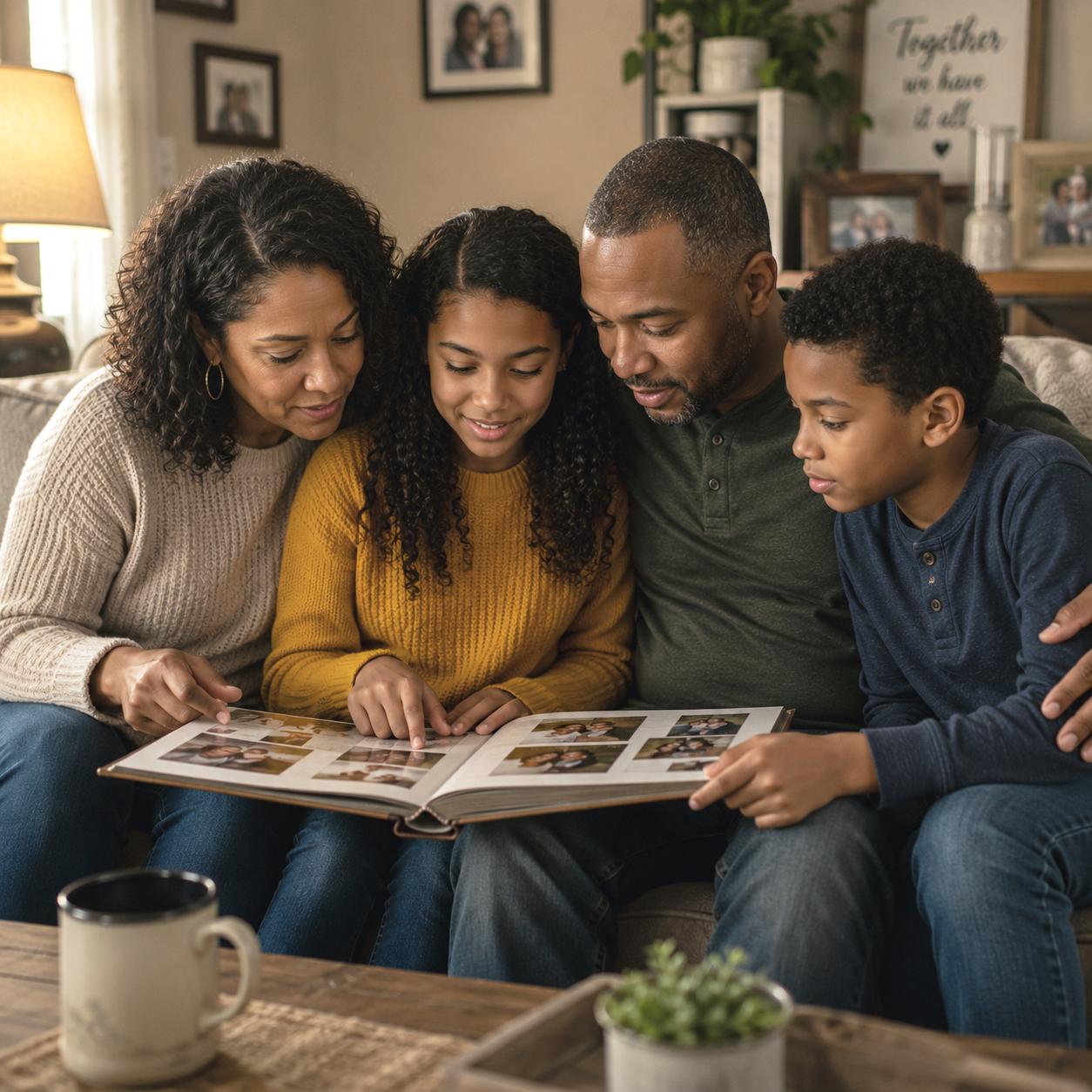 a family looking through a photo album