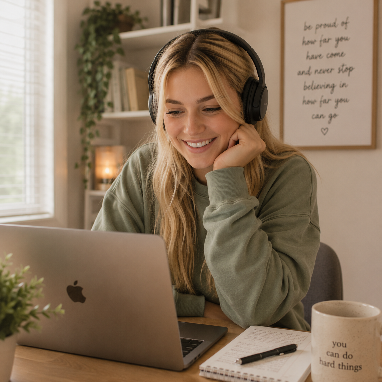 Laptop, headphones, Virtual EMDR in a cozy office