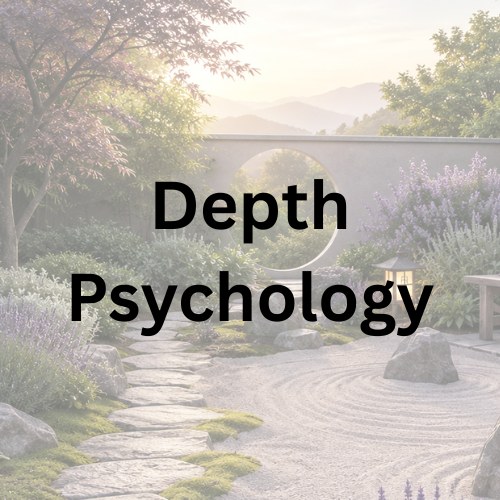 A room with a sign that reads "Depth Psychology", a picture of Carl Jung, and books about dream analysis, synchronicities, symbols, and shadow work