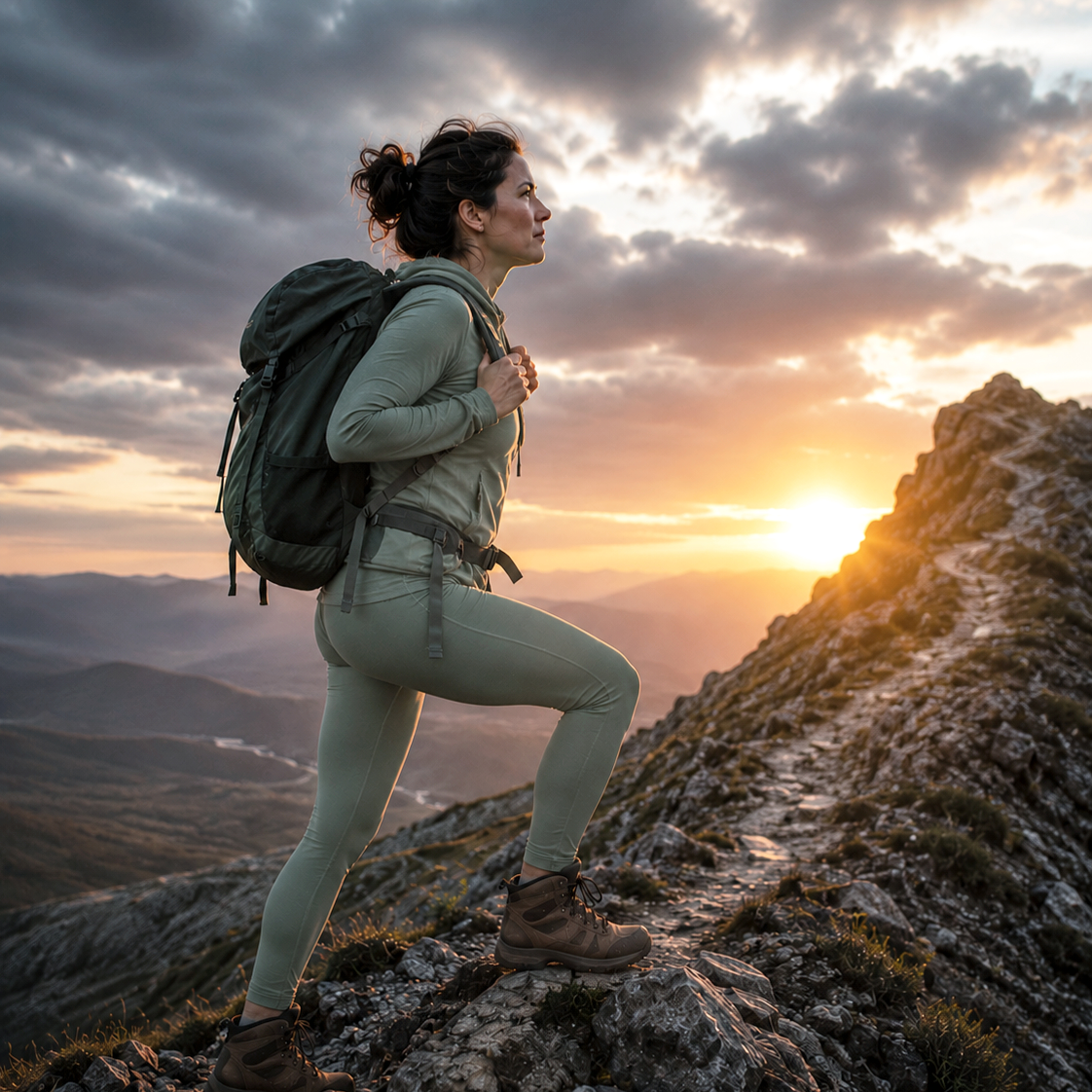 A survivor of trauma hiking up a rocky mountain trail at sunset, wearing a backpack, outdoor clothing, and hiking boots, indicating strength and persistence.
