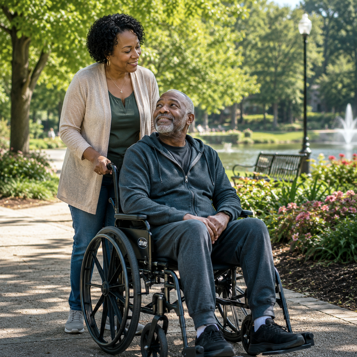 an African American couple with the woman pushing the male in a wheelchair
