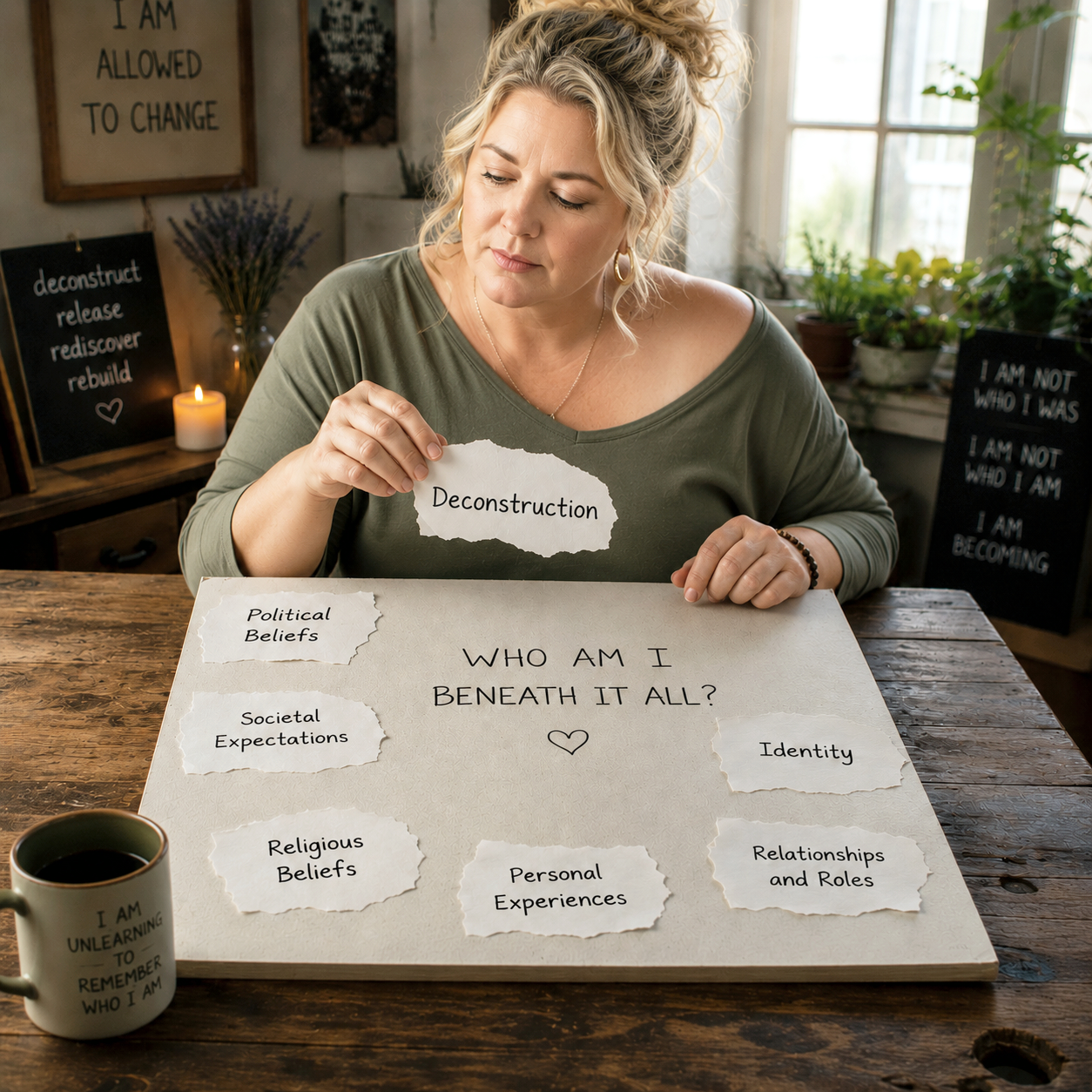 A woman at a table holding torn paper with the word 'Deconstruction'. In front of her is a board with torn paper labels reading 'Political Beliefs', 'Societal Expectations', 'Religious Beliefs', 'Personal Experiences', 'Identity', and 'Relationships and Roles'. There are additional posters and candles in the background.
