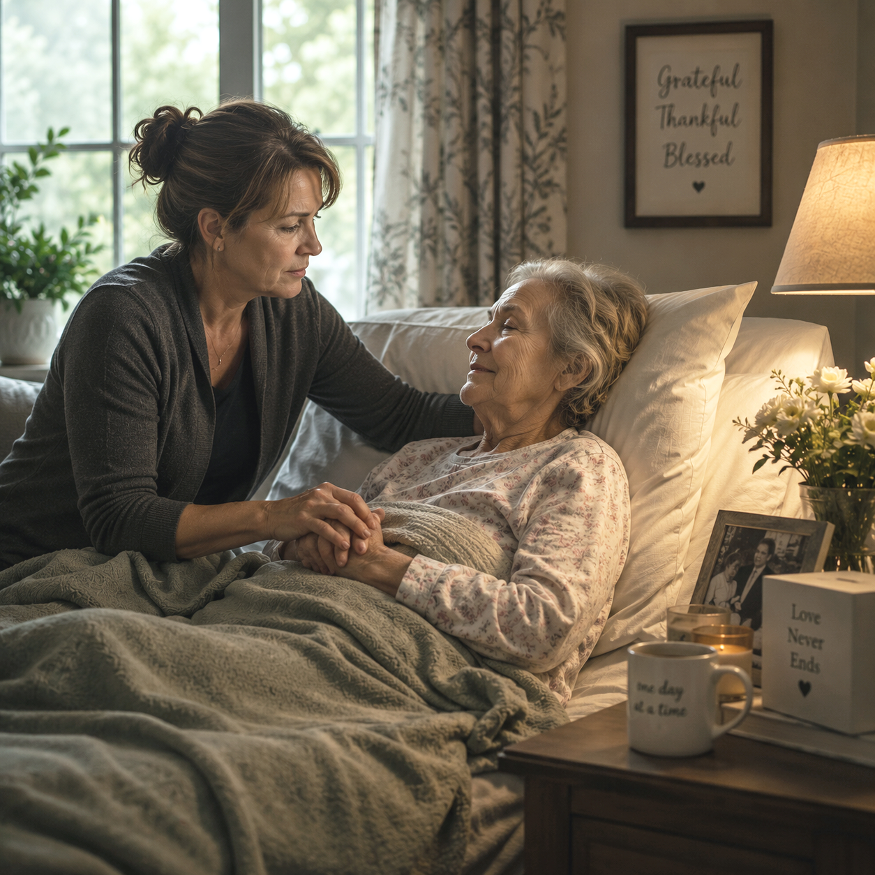 An emotional moment between an elderly woman and a young girl, displaying comfort and support.