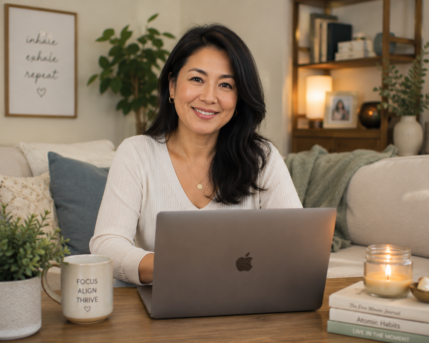 A woman,participating in online therapy, with black hair smiling at the camera while sitting at a wooden table with a silver laptop in a cozy living room. There are plants, books, a candle, and a mug with the words 'Focus Align Thrive' on the table.