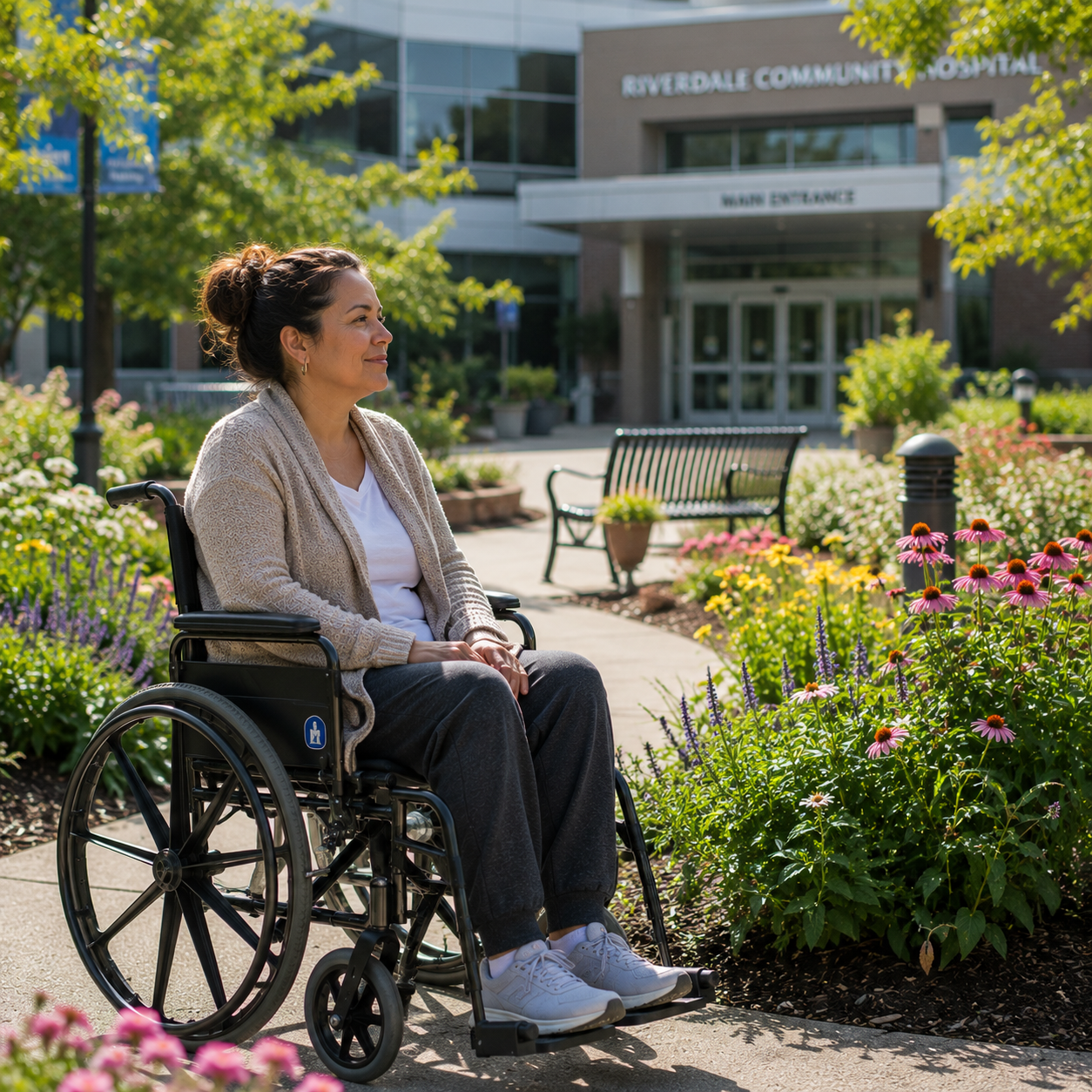 a woman in a wheelchair sitting outside a hospital in a garden area after a brain injury