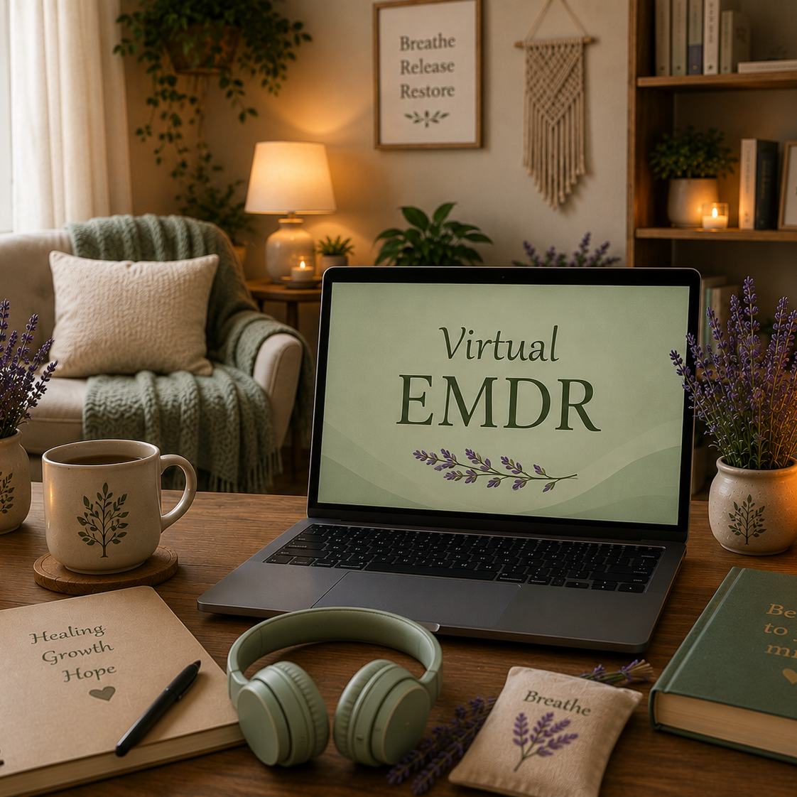 Laptop, headphones, Virtual EMDR in a cozy office