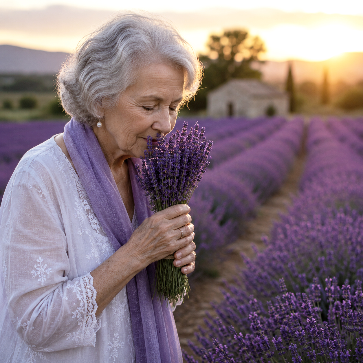 an elderly woman, alone, smelling lavender