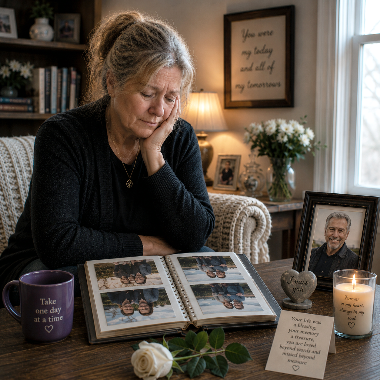 A grieving widow sitting at a wooden table, looking sad and holding her face with one hand. There are framed photos, a lit candle, a purple mug with a quote, a white rose, and a heartfelt note on the table.