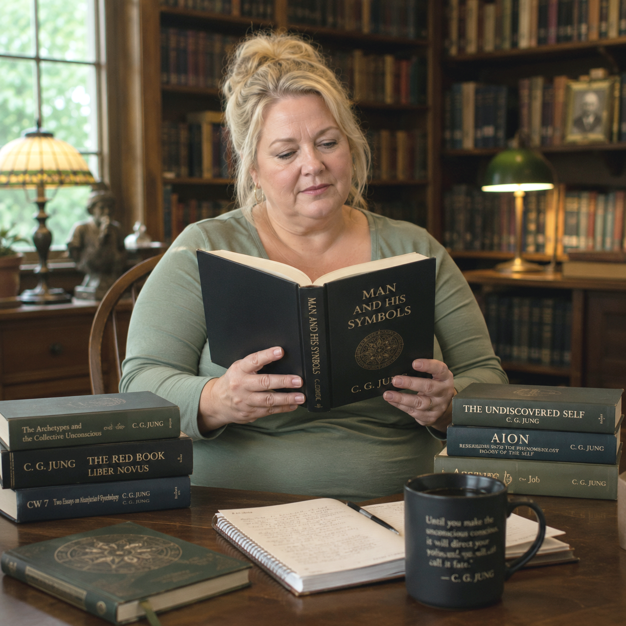A woman sits at a wooden table in a library, reading a book titled 'Man and His Symbols'. The table has several other books by C.G. Jung, an open notebook, a pen, and a black mug with a quote. The background features bookshelves, a window with greenery outside, and warm lighting.