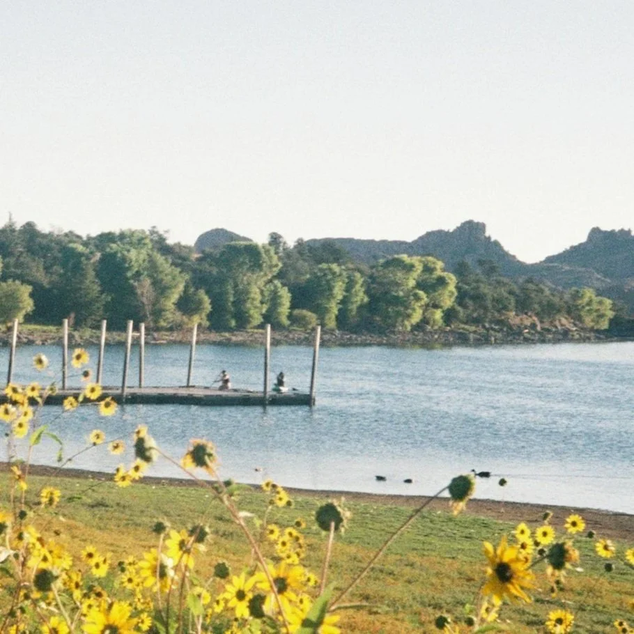 Family of five outdoors near a body of water, with fall foliage in the background. Two adults and three children, all dressed in dark clothing, are smiling and posing together on the ground.