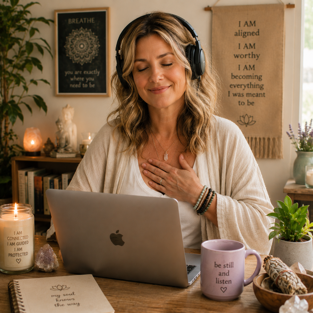 A woman, engaged in energy psychology, with blonde wavy hair wearing headphones She has her eyes closed and one hand on her chest, appearing to be in a moment of gratitude or peace. She is in a cozy room with spiritual and inspirational decor