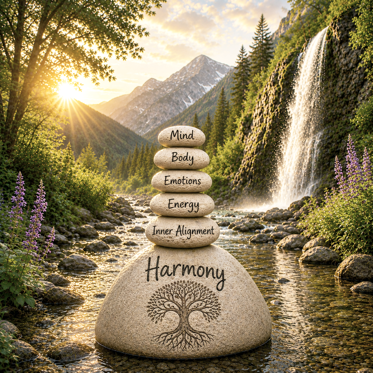 Stacked stones with words: 'Mind,' 'Body,' 'Emotions,' 'Energy,' and 'Inner Alignment' on a large base stone labeled 'Harmony,' set in a river with a waterfall, mountains, trees, purple flowers, and sunrise in the background.