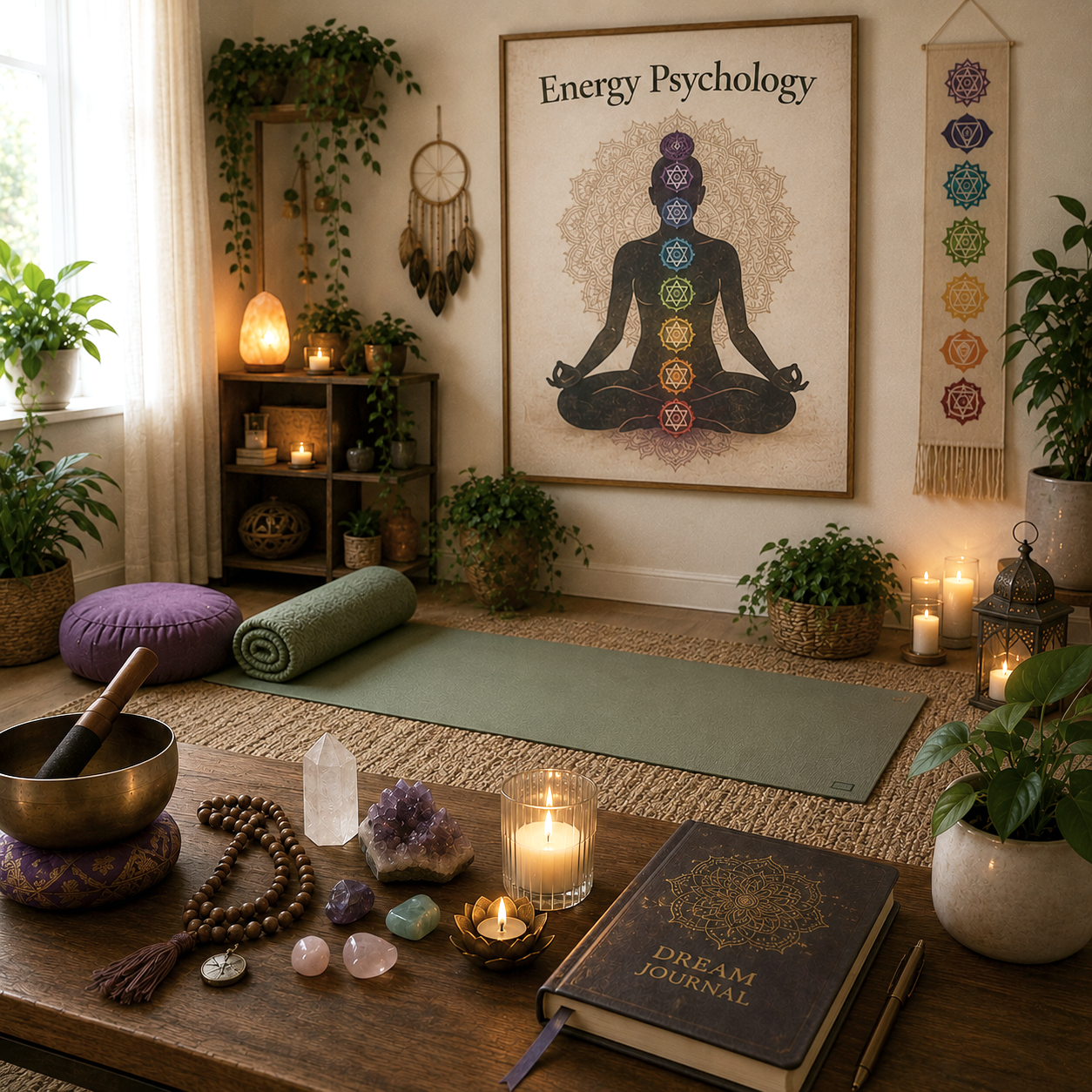 A room with chakras, sound bowl, candles, crystals, prayer beads, yoga matt, and candles