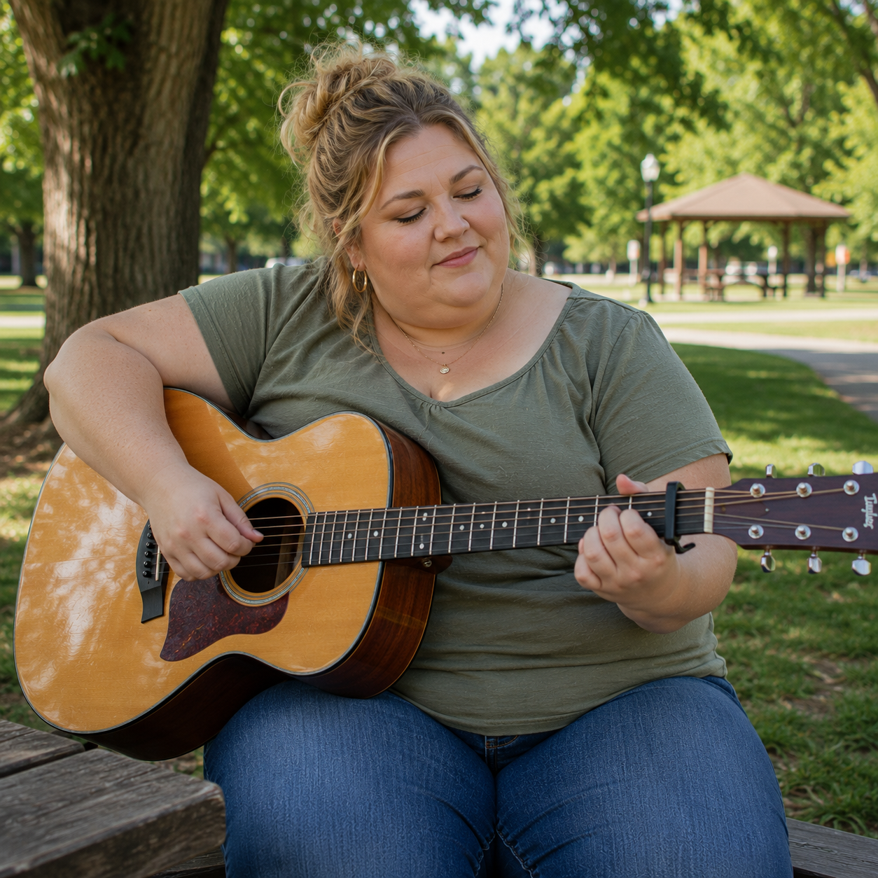 an overweight female playing the guitar in a park setting