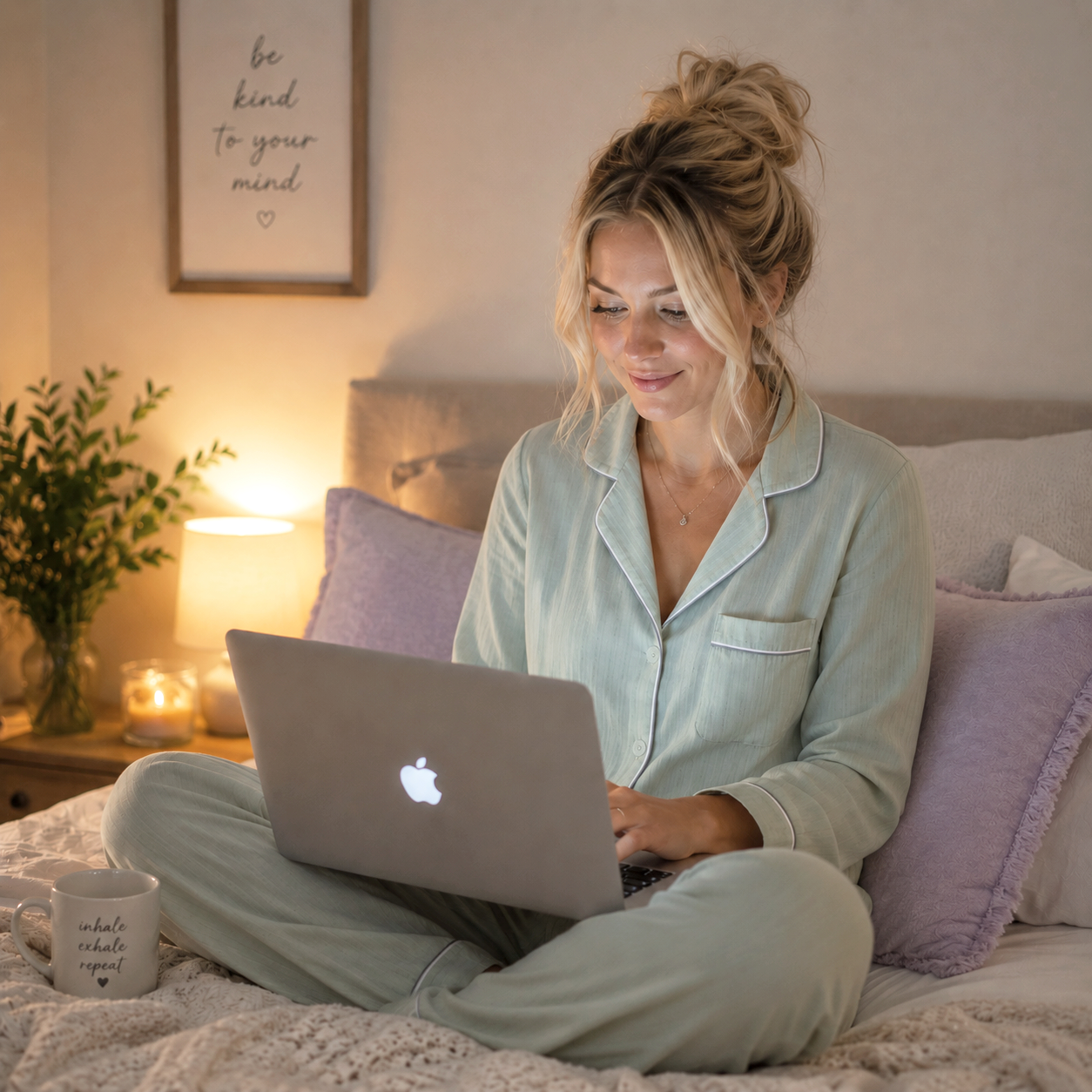 A woman sitting on a bed, wearing pajamas, engaged in virtual therapy, with a mug beside her that says 'inhale, exhale, repeat'. The bedroom is softly lit with a lamp, flowers, candles, and framed art that reads 'be kind to your mind' on the wall.