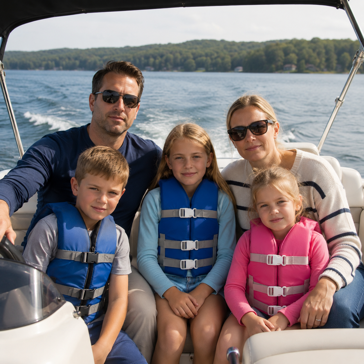 an image of a family of five on a boat with children wearing life jackets