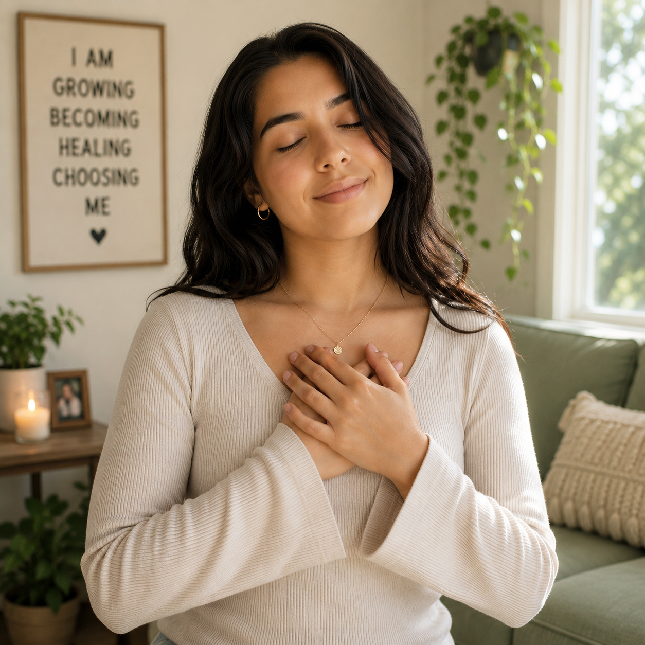 A woman, engaged in energy psychology, EFT (Emotion Freedom Technique), AIT (Advanced Integrative Therapy) with long dark hair, eyes closed, smiling gently, holding her hands over her heart inside a well-lit living room with green plants.