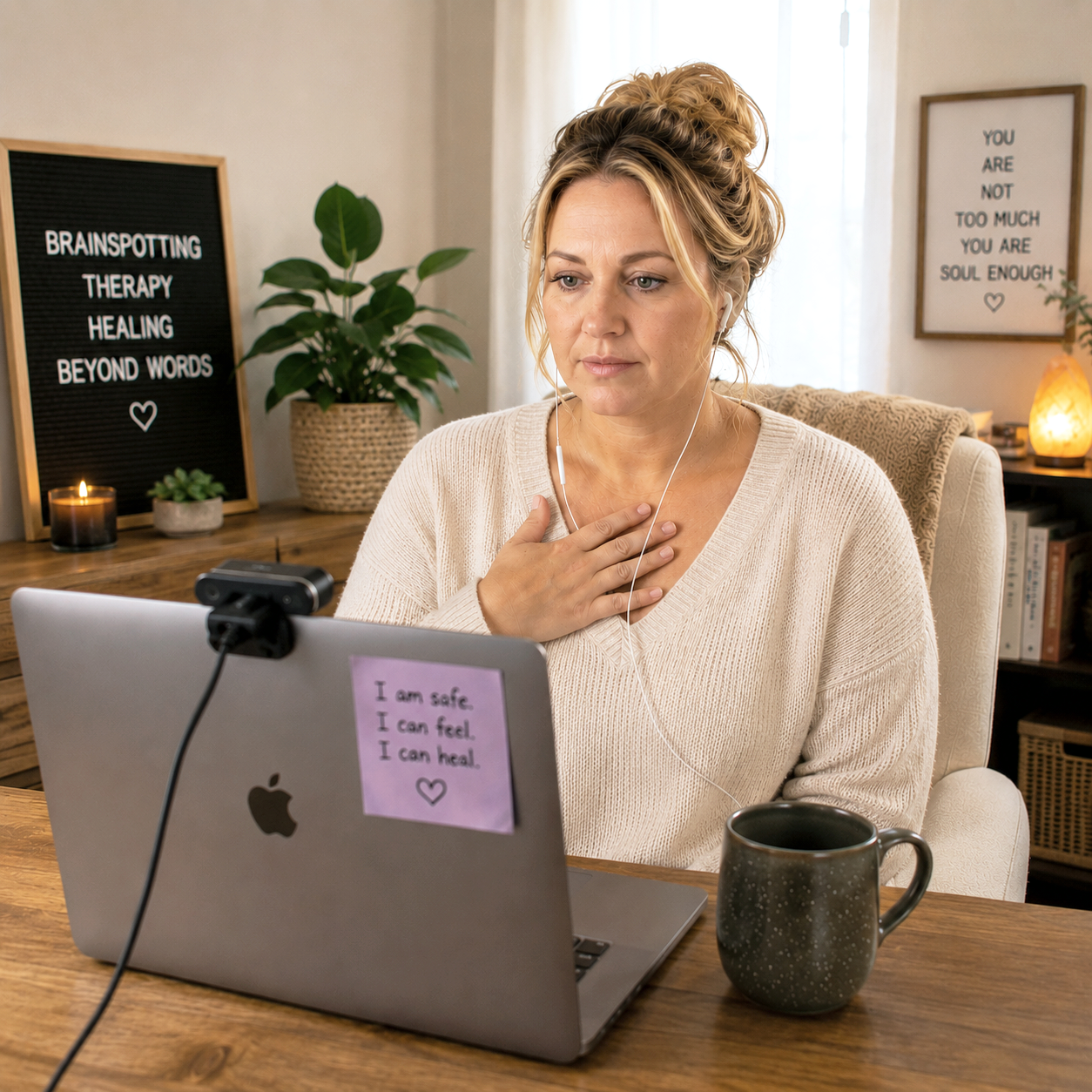A woman, engaged in energy psychology (AIT - Advanced Integrative Therapy) sitting at a wooden desk in front of a laptop, holding her hand on her chest, participating in a video call or virtual therapy session.