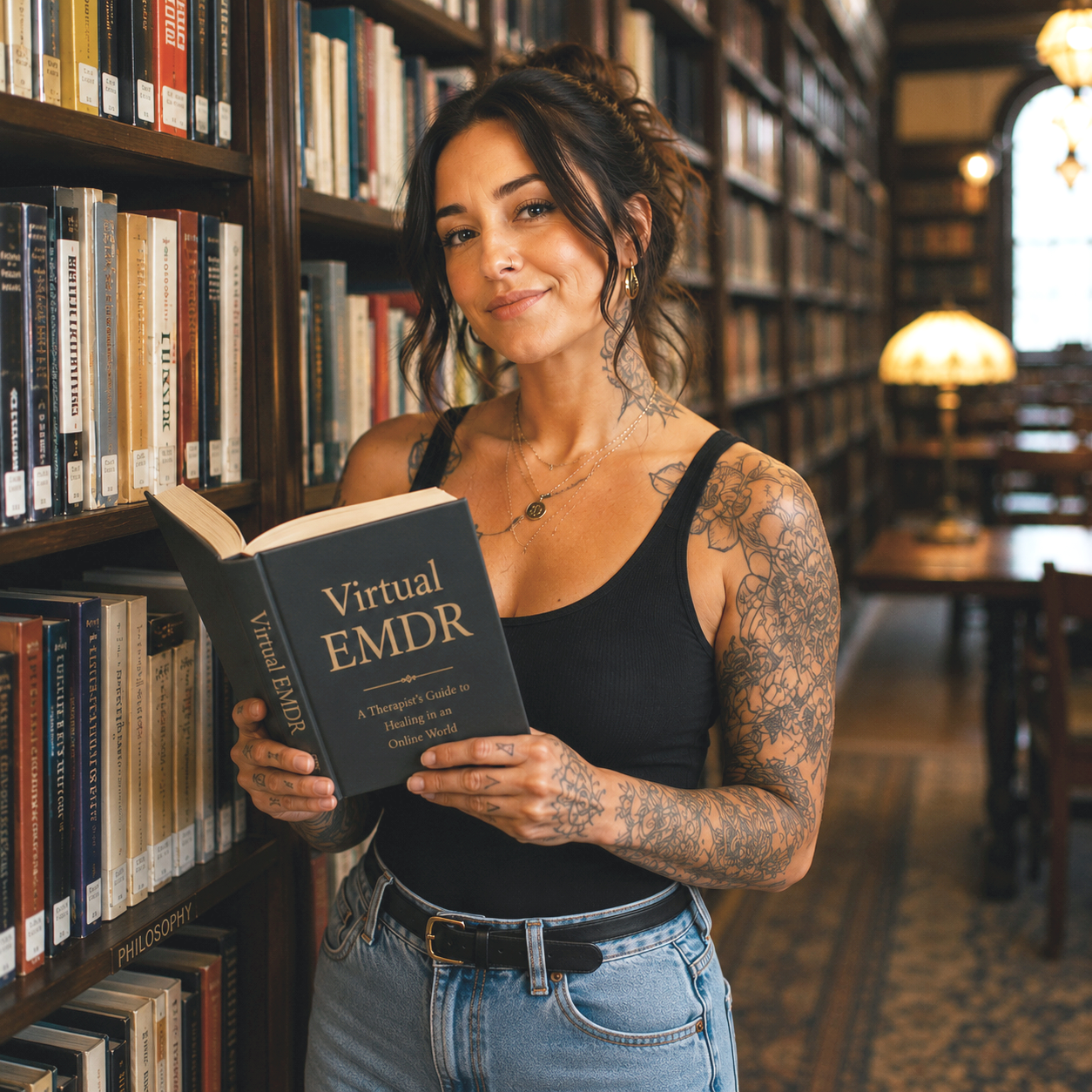 A tattooed woman holding a book titled 'Virtual EMDR' in a library with wooden shelves filled with books.