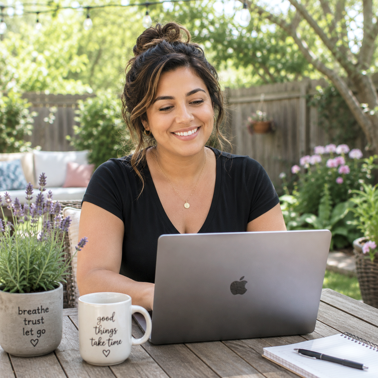 A woman, engaegd in online counseling, sitting at a wooden table outdoors, working on a silver MacBook, surrounded by potted plants and flowers, with a garden and wooden fence in the background.