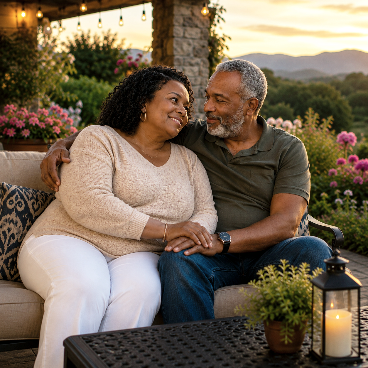 loving couple sitting together on an outdoor patio