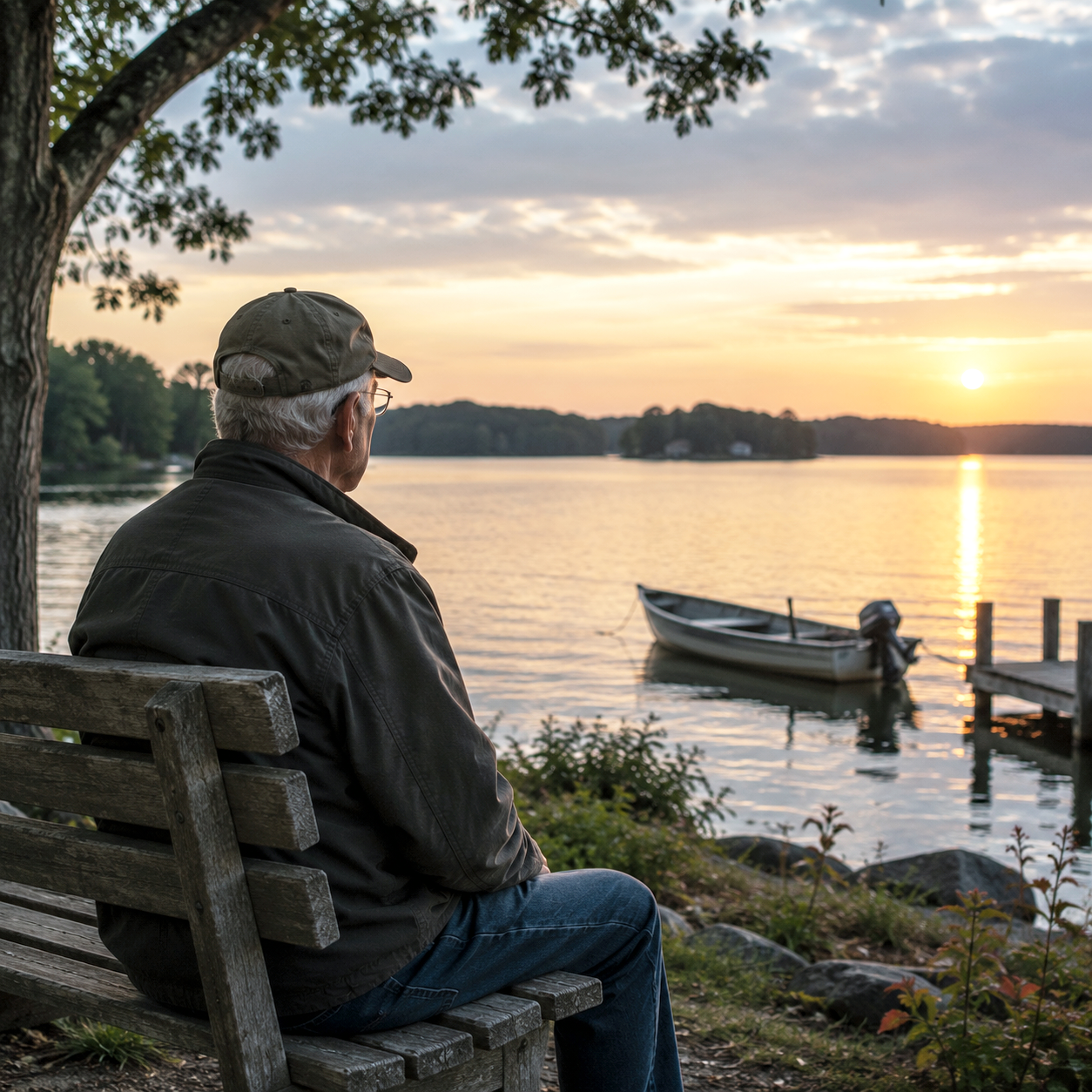 an elderly man looking out at a lake with a boat and grieving the many losses over his life