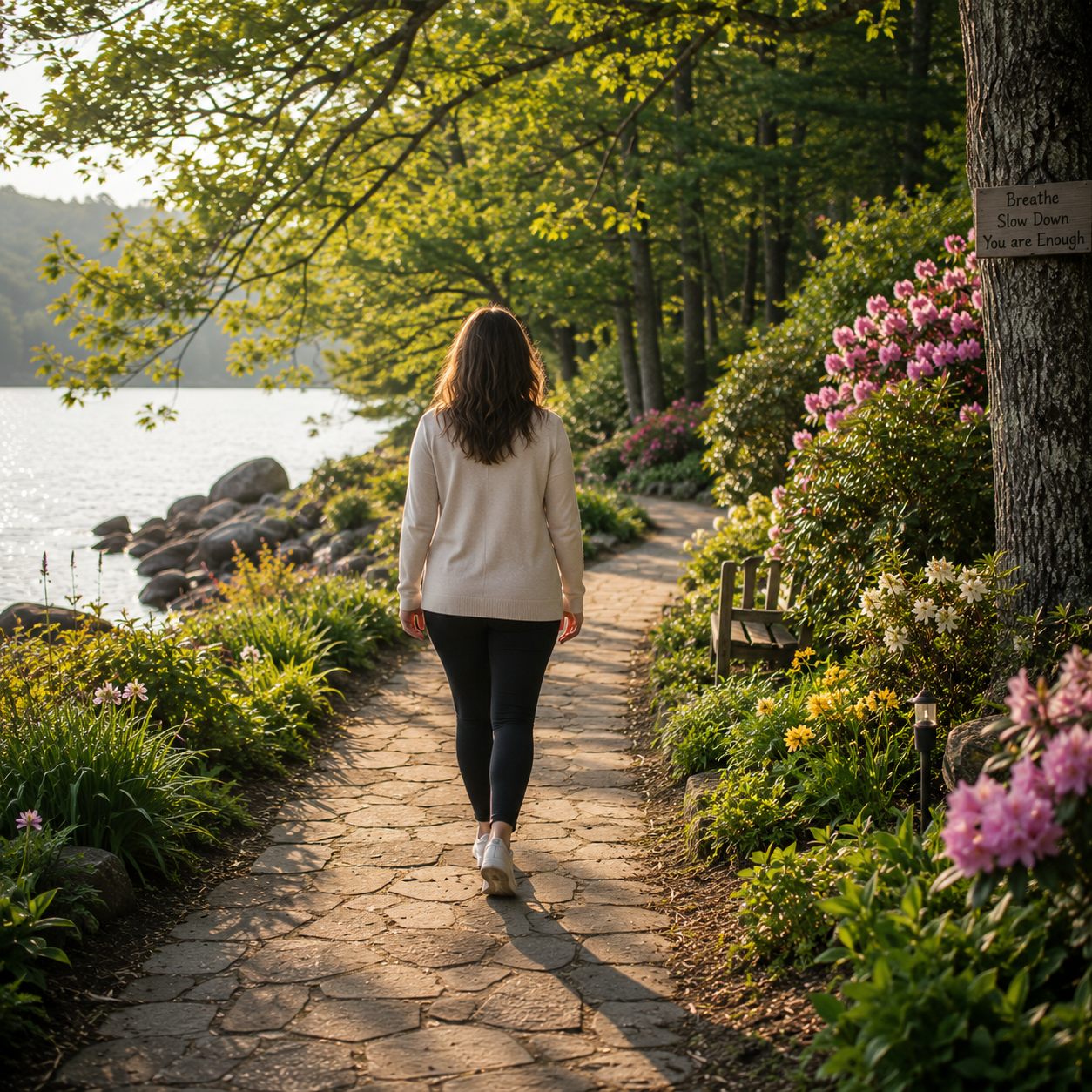 a woman walking a beautiful path alone.