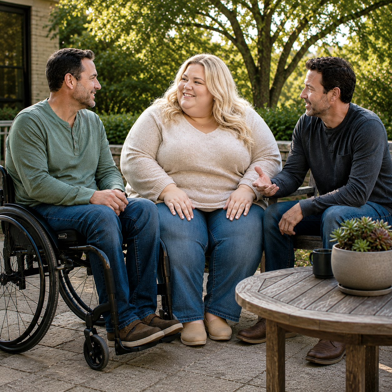 three adult siblings talking outside. One sibling in a wheelchair