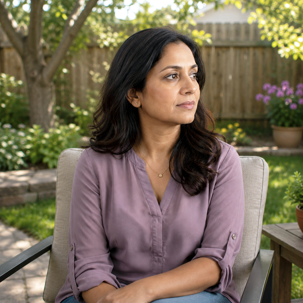 A woman, engaged in gaze spotting while doing Brainspotting, with black hair and a purple blouse sitting outdoors in a garden, looking to the right.