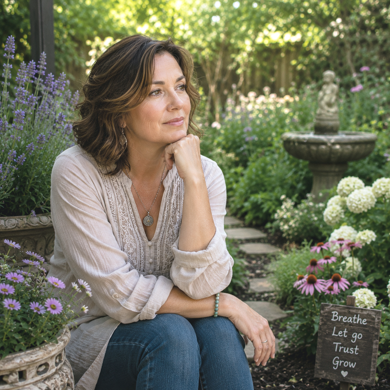 A grieving woman sitting in a lush garden surrounded by flowers and greenery. She is resting her chin on her hand, looking contemplative. There is a small sign with inspirational words: 'Breathe, Let go, Trust, Grow.'