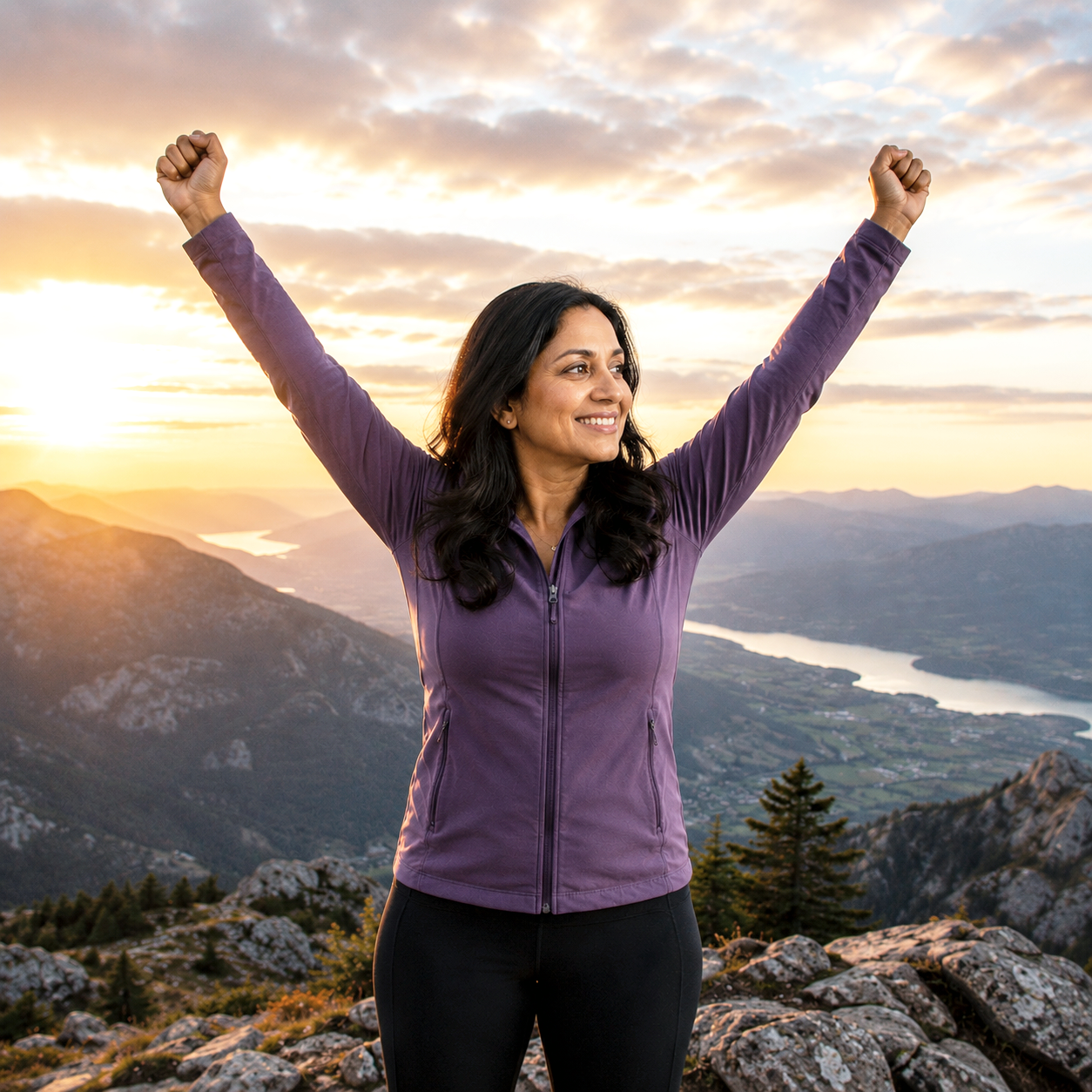 A woman, celebrating recovery from trauma, with dark hair wearing a purple jacket with arms raised in victory on a mountain overlook at sunrise.