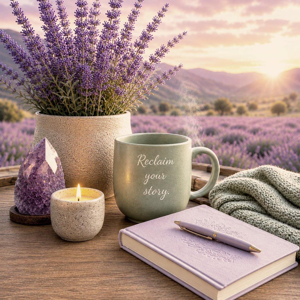 A lavender plant in a textured ceramic pot, a purple crystal, a lit candle, a mug with the phrase "Reclaim your story," a closed lavender notebook with a pen on top, and a cozy blanket on a wooden table with a lavender field and mountains at sunset in the background.