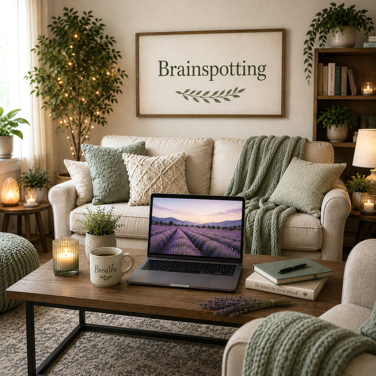 A room with a Brainspotting sign, cozy sofa and laptop