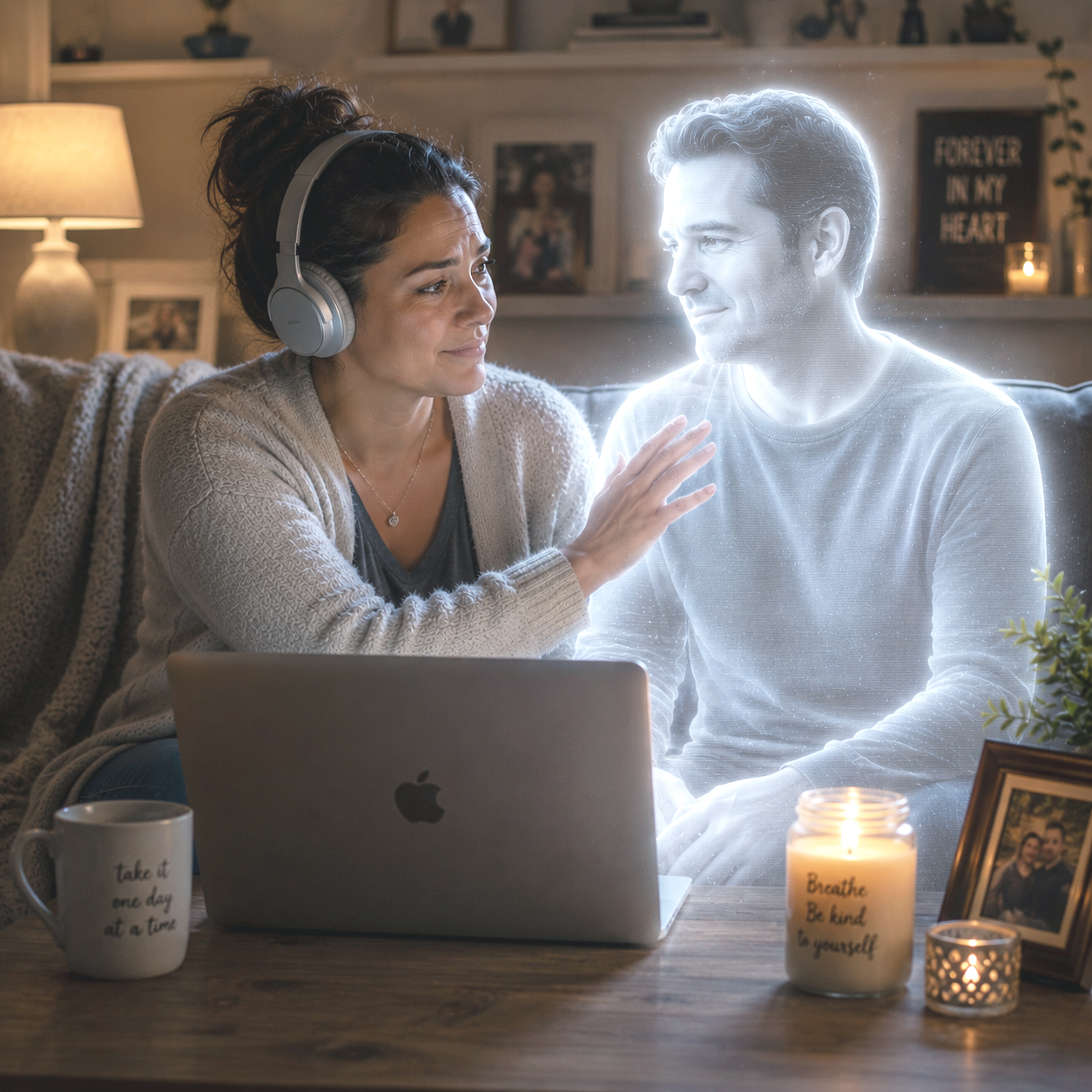 a woman sitting with head phones on and a lap top in front of her with a holographic image of her deceased spouse near her