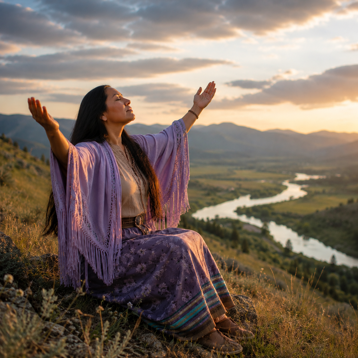 Woman in purple shawl and floral skirt sitting outdoors at sunset with arms raised, overlooking a river and mountains, representing her deeper connection to nature and overcoming trauma.