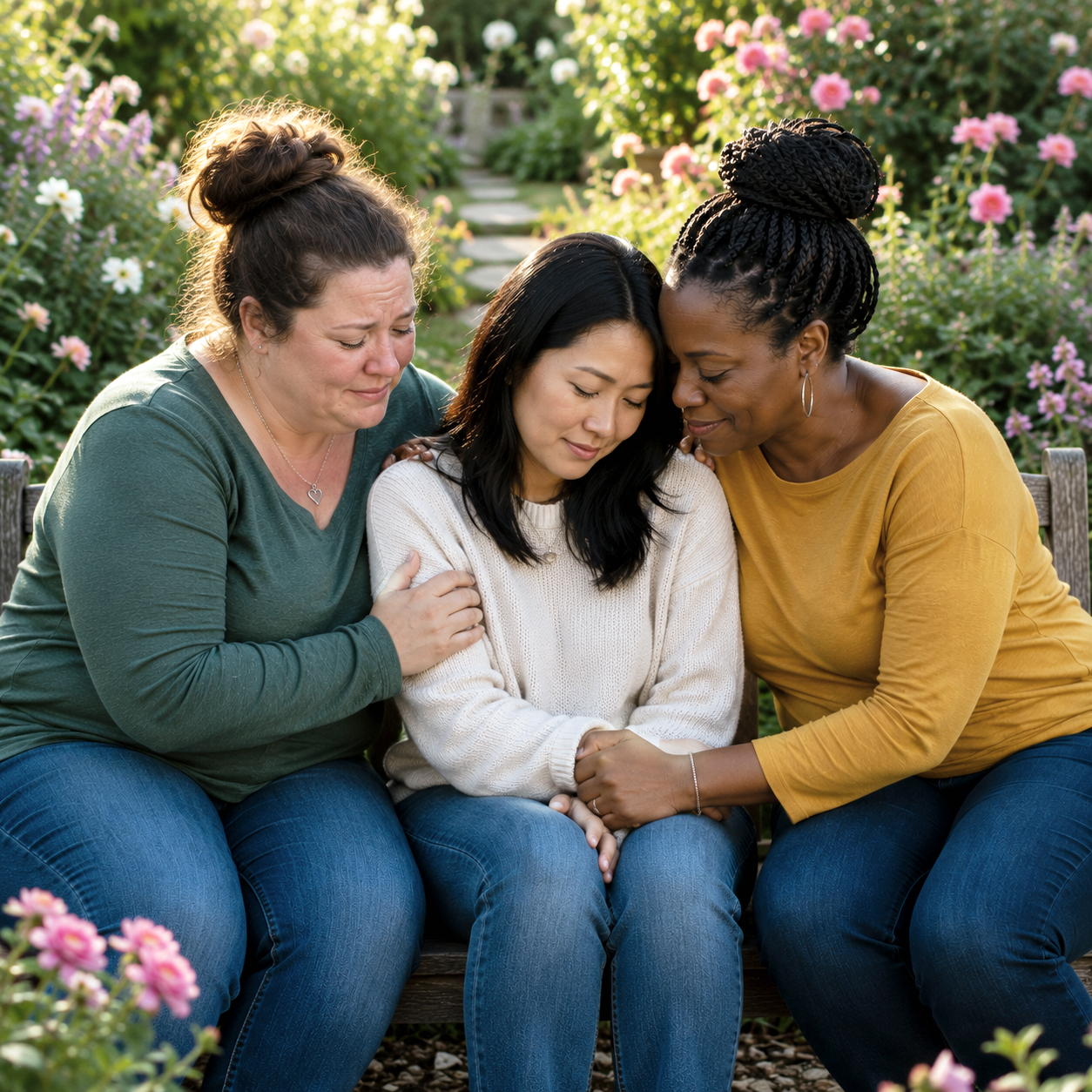 three people comforting one another in a garden setting