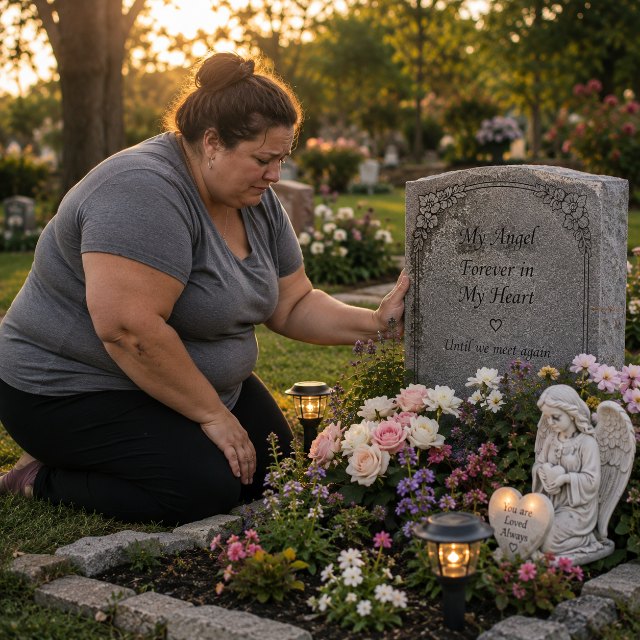 an overweight mother kneeling near a beautiful grave