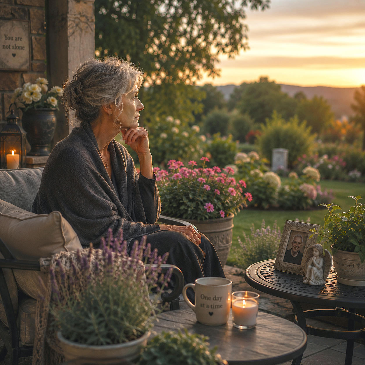 A grieving widow yearning for her partner to return