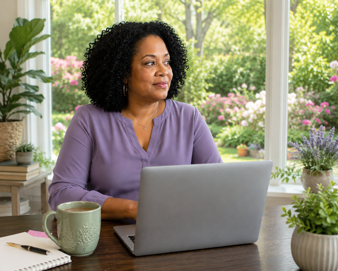 a middle-age black female looking toward her right with a lap top in front of her