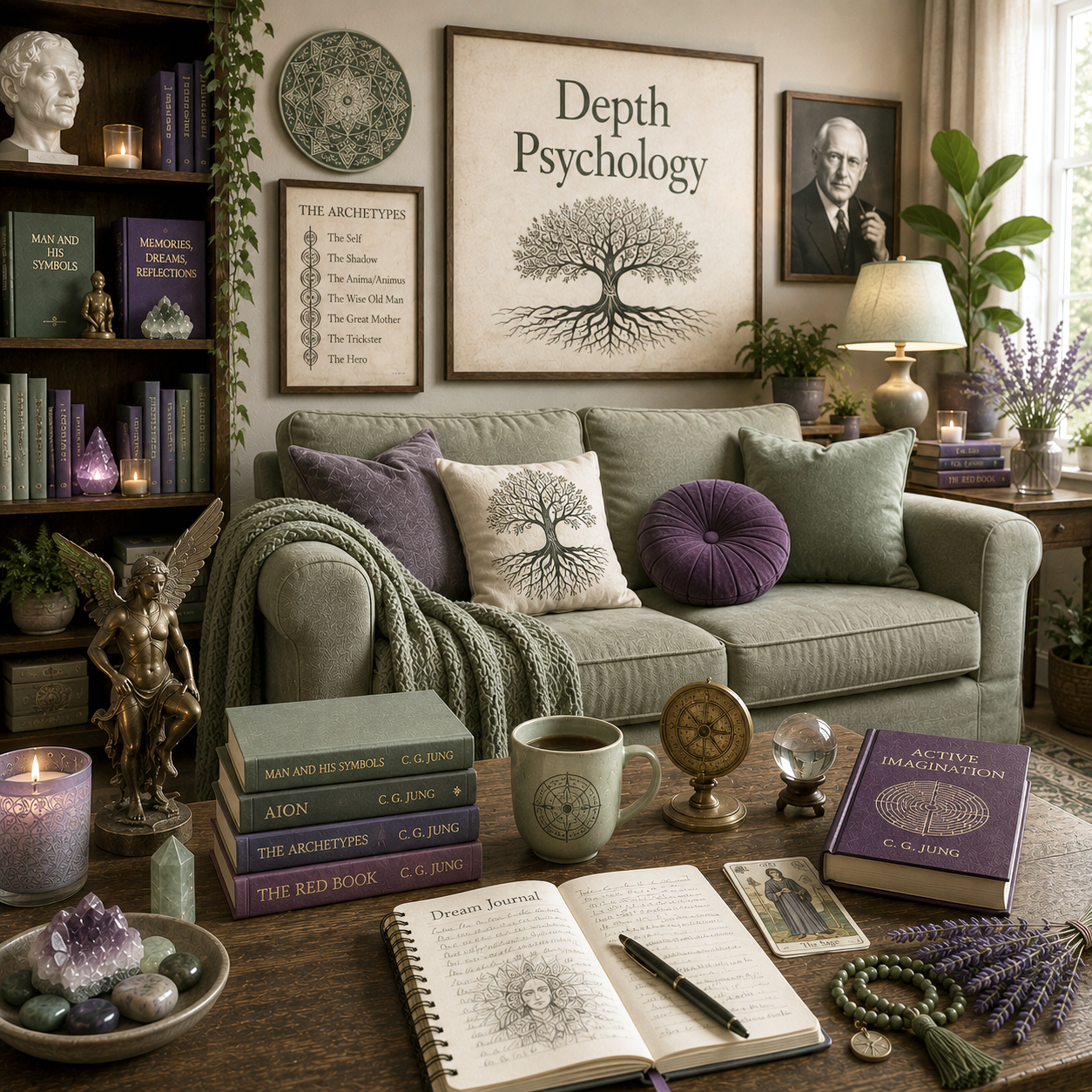 A room with a sign that reads "Depth Psychology", a picture of Carl Jung, and books about dream analysis, synchronicities, symbols, and shadow work
