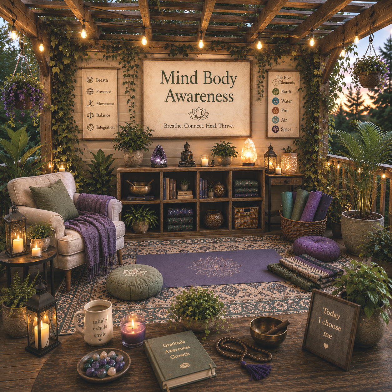 A room with a yoga mat, buddha, sound bowl, prayer beads and a sign that reads "Mind Body Awareness"