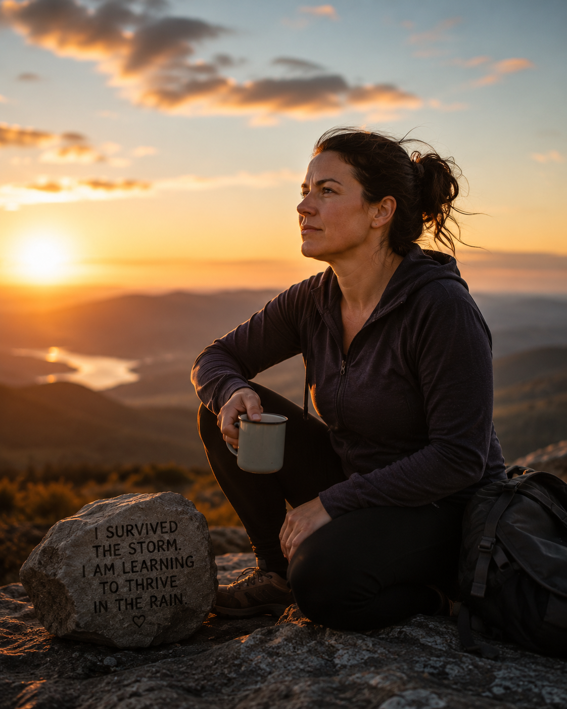 A trauma survivor sitting on a mountain during sunset, holding a mug, with a backpack nearby, and a rock with an inspirational message that reads 'I survived the storm, I am learning to thrive in the rain'.