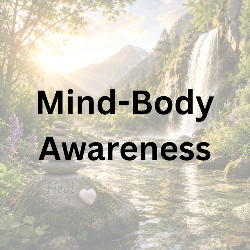A room with a yoga mat, buddha, sound bowl, prayer beads and a sign that reads "Mind Body Awareness"